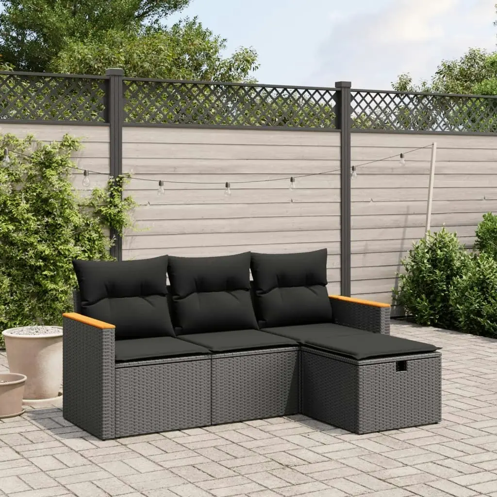 4 Piece Garden Sofa Set with Cushions Black Poly Rattan 3265269