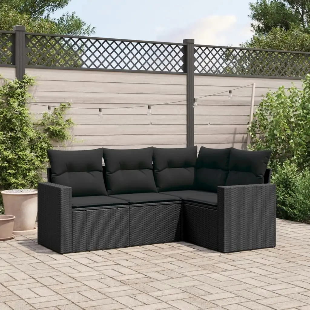 4 Piece Garden Sofa Set with Cushions Black Poly Rattan 3218895