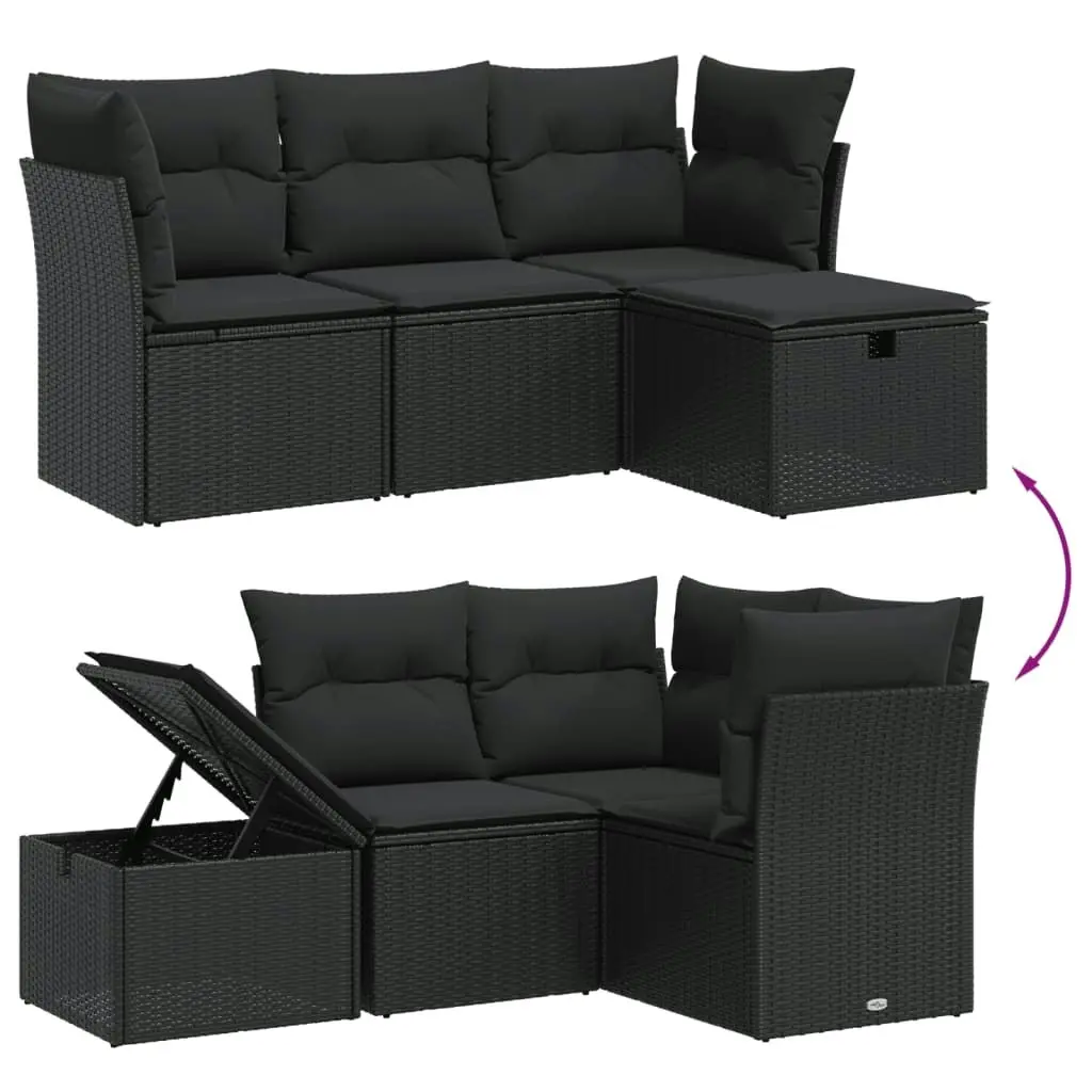 4 Piece Garden Sofa Set with Cushions Black Poly Rattan 3264061