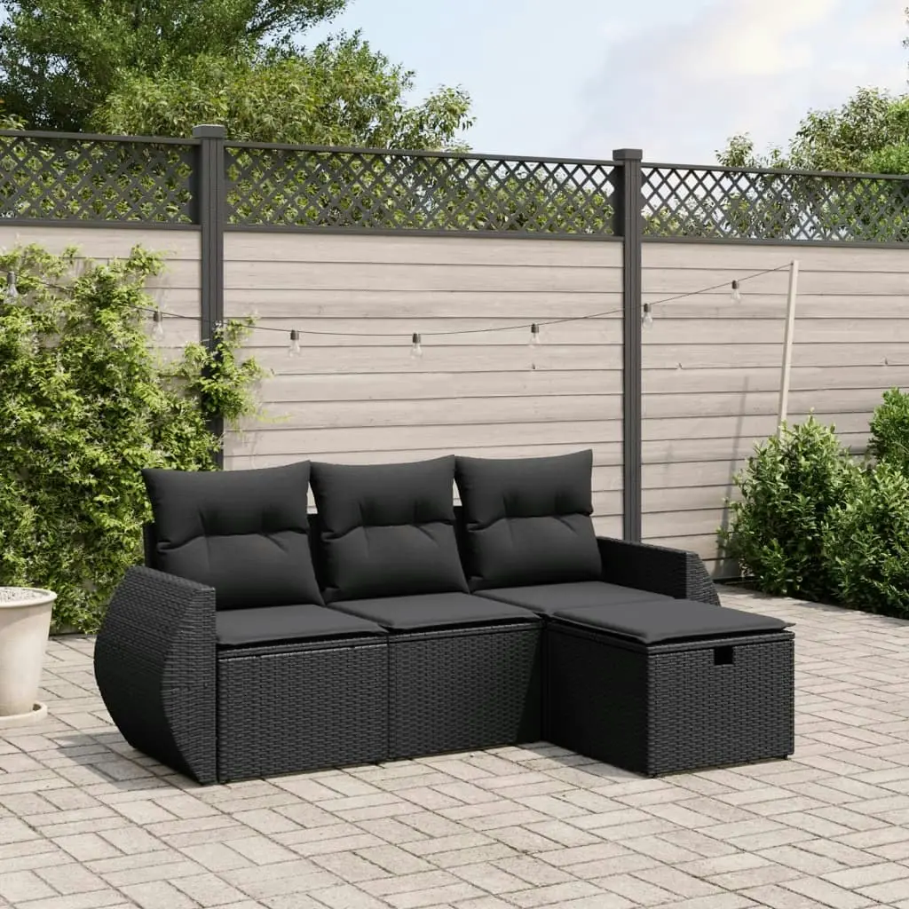 4 Piece Garden Sofa Set with Cushions Black Poly Rattan 3264061