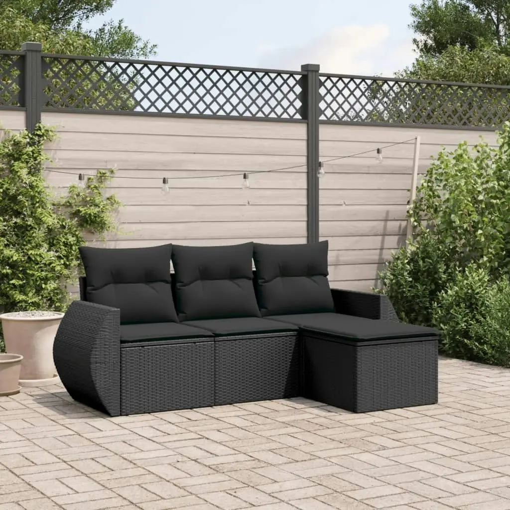 4 Piece Garden Sofa Set with Cushions Black Poly Rattan 3221264