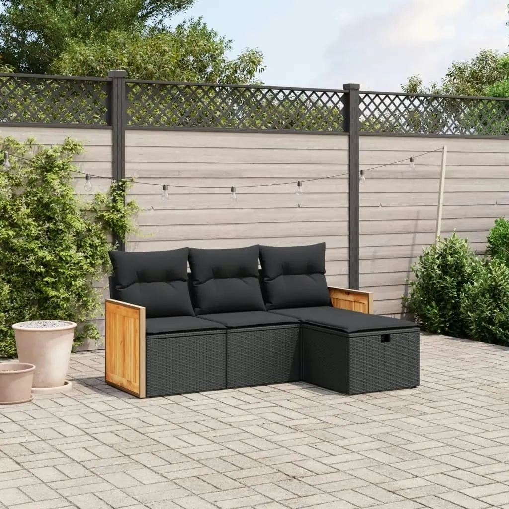 4 Piece Garden Sofa Set with Cushions Black Poly Rattan 3265703