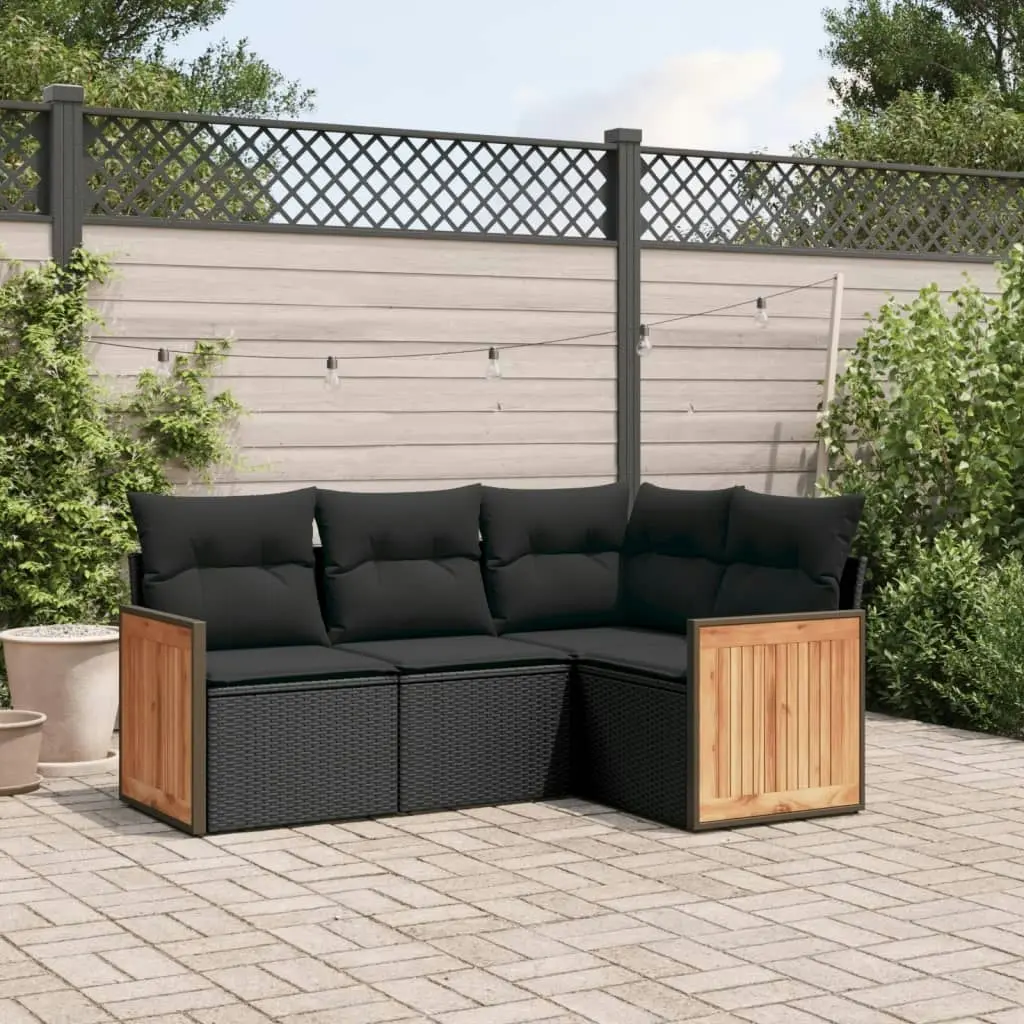 4 Piece Garden Sofa Set with Cushions Black Poly Rattan 3227609