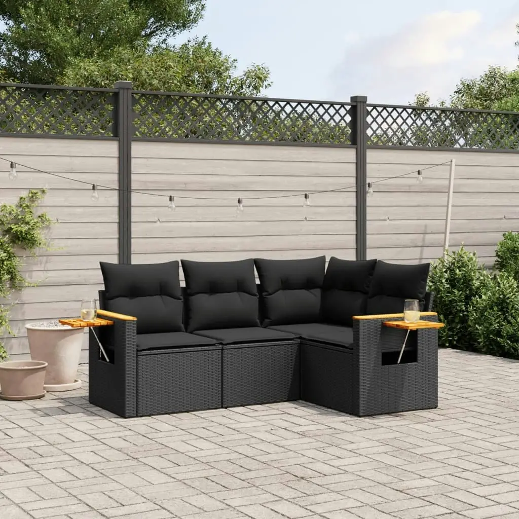 4 Piece Garden Sofa Set with Cushions Black Poly Rattan 3226769