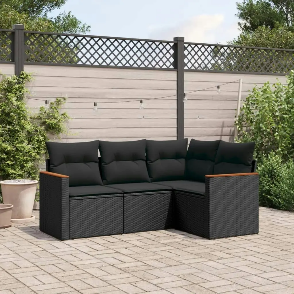 4 Piece Garden Sofa Set with Cushions Black Poly Rattan 3225929