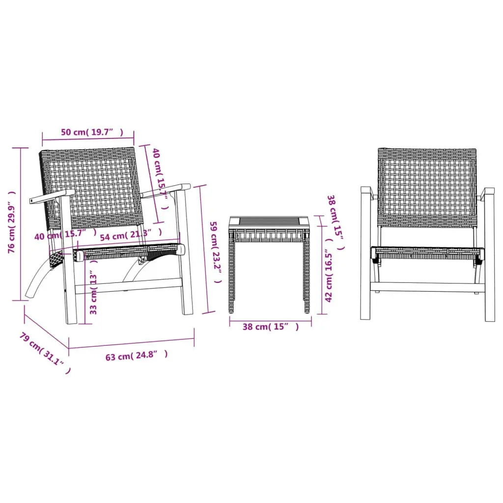 3 Piece Bistro Set Black Poly Rattan and Solid Wood Acacia 365866