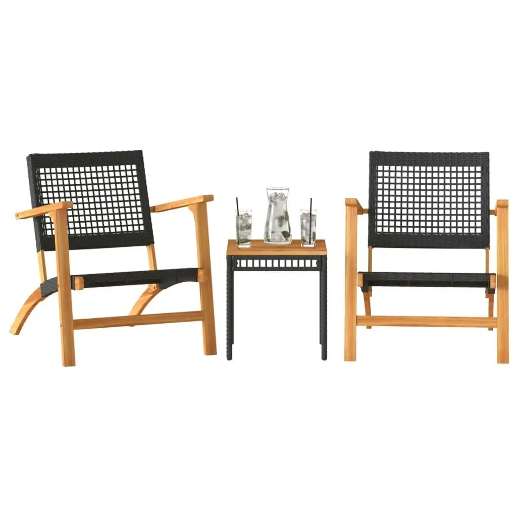 3 Piece Bistro Set Black Poly Rattan and Solid Wood Acacia 365866