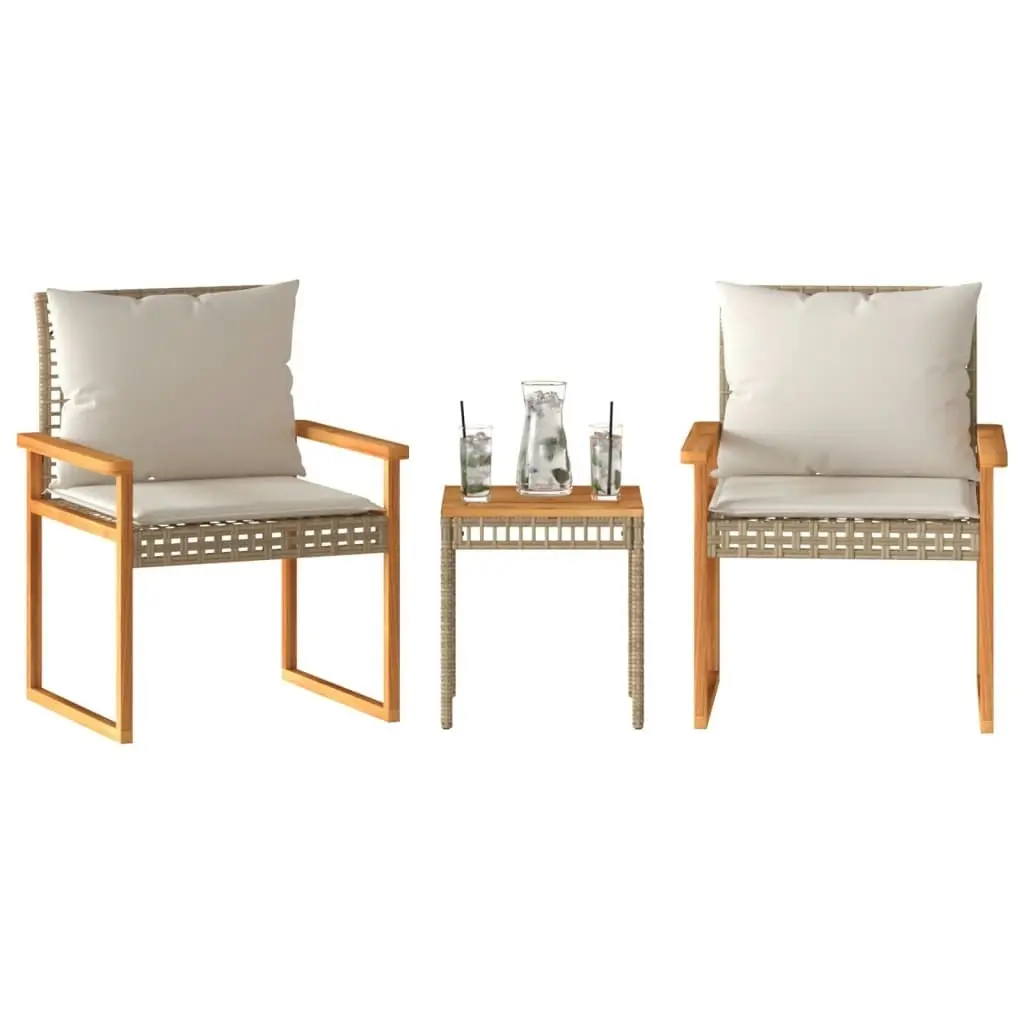 3 Piece Bistro Set with Cushions Mix Beige Poly Rattan Acacia Wood 365861