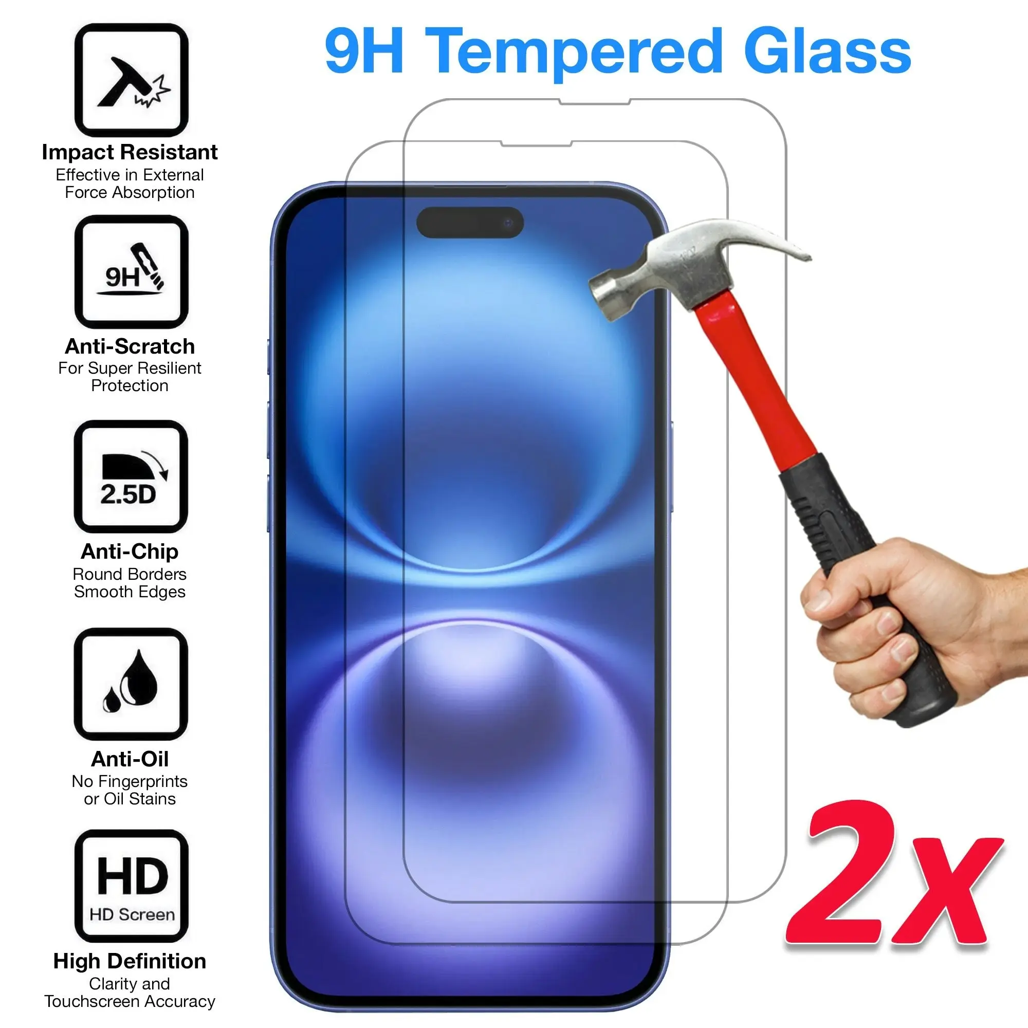 [2 Pack] MEZON Tempered Glass for iPhone 16 (6.1") Crystal Clear Premium 9H HD Case Friendly Screen Protectors