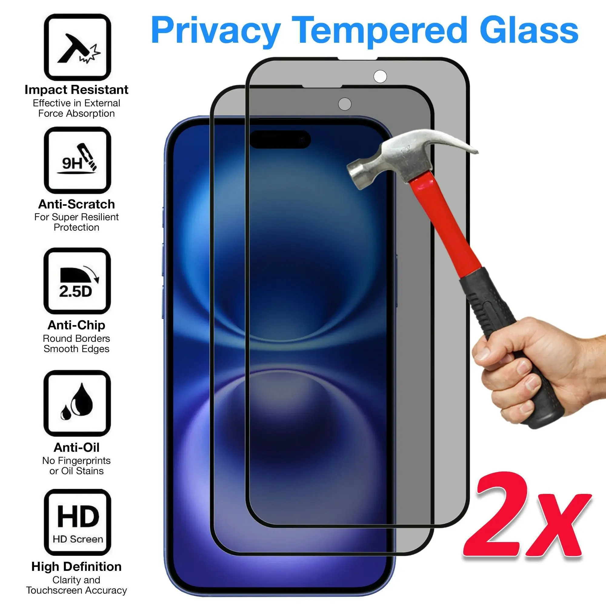 [2 Pack] MEZON Privacy Anti-Spy Full Coverage iPhone 16 (6.1") Tempered Glass Premium 9H HD Screen Protectors