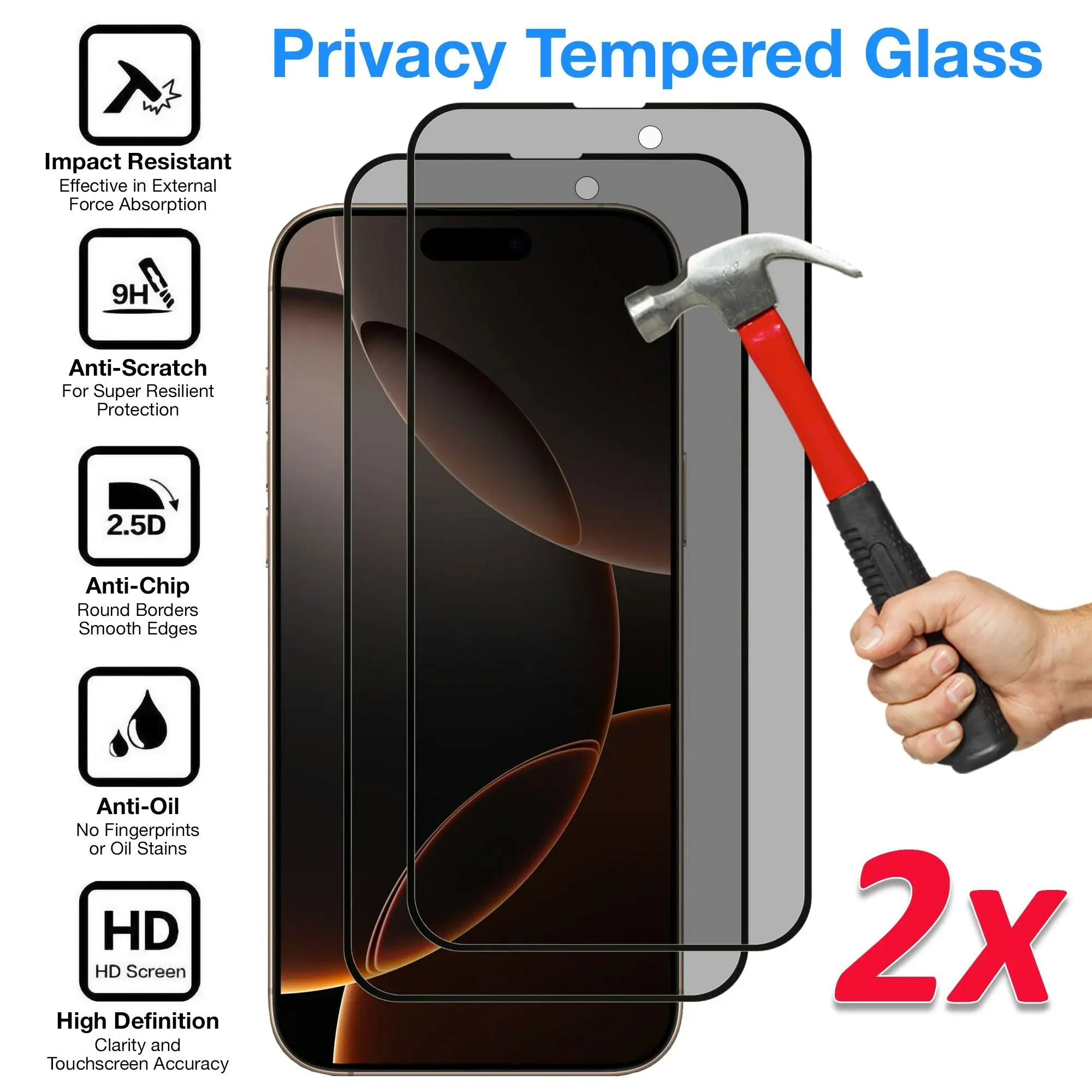 [2 Pack] MEZON Privacy Anti-Spy Full Coverage iPhone 16 Pro (6.3") Tempered Glass Premium 9H HD Screen Protectors