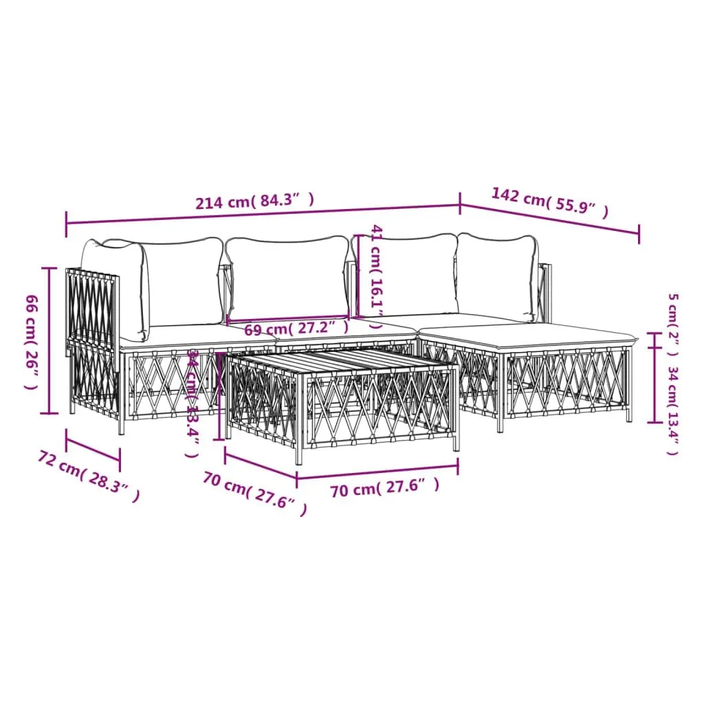 5 Piece Garden Lounge Set with Cushions White Steel 3186862