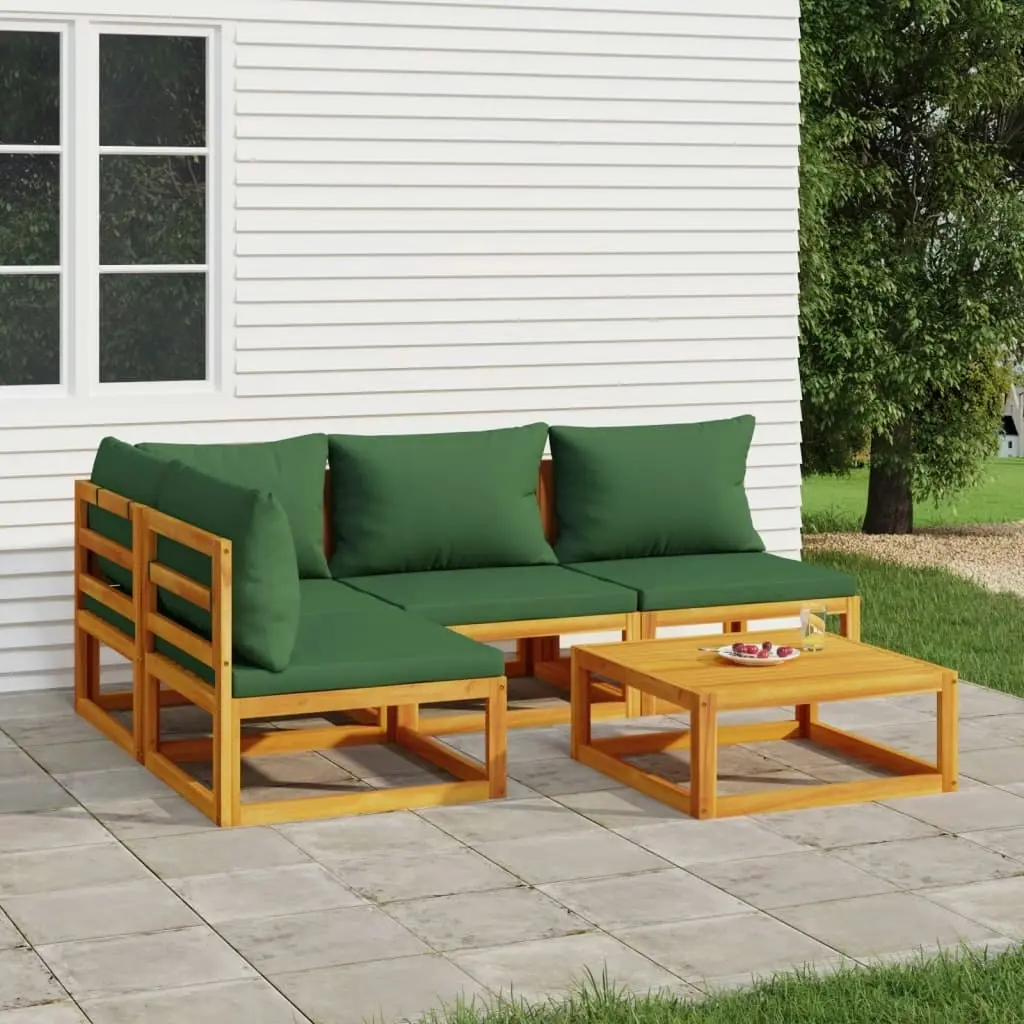 5 Piece Garden Lounge Set with Green Cushions Solid Wood 3155333