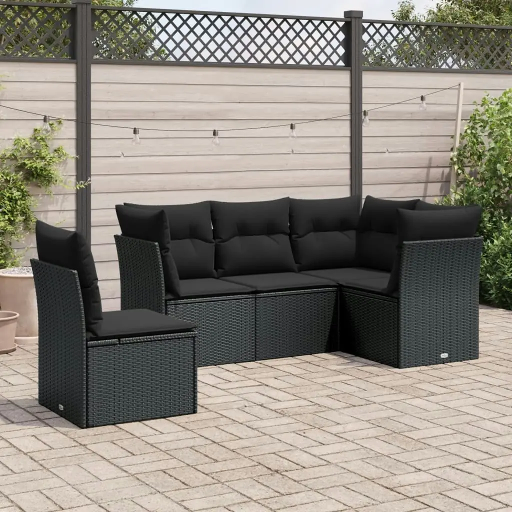 5 Piece Garden Sofa Set with Cushions Black Poly Rattan 3217635