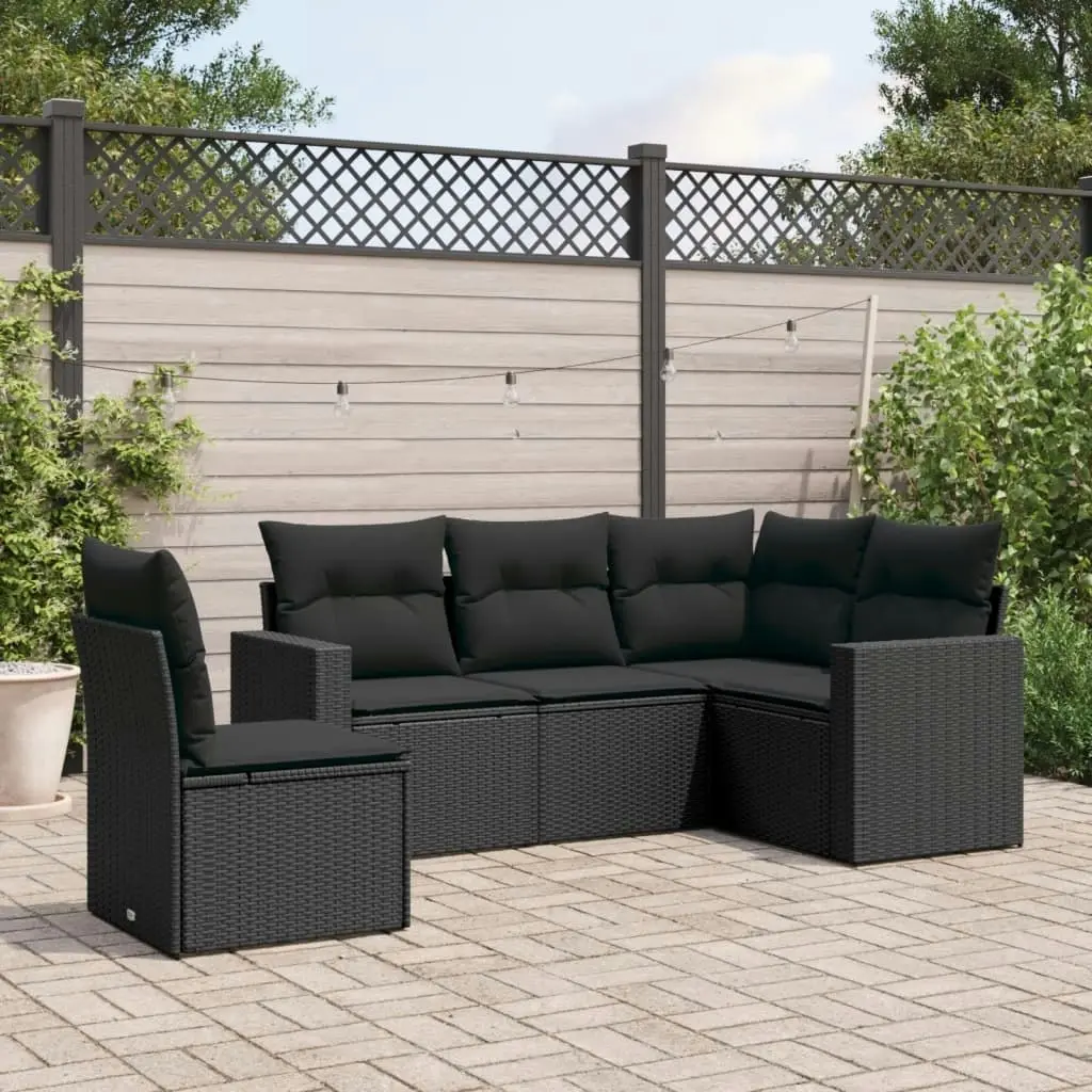 5 Piece Garden Sofa Set with Cushions Black Poly Rattan 3218955