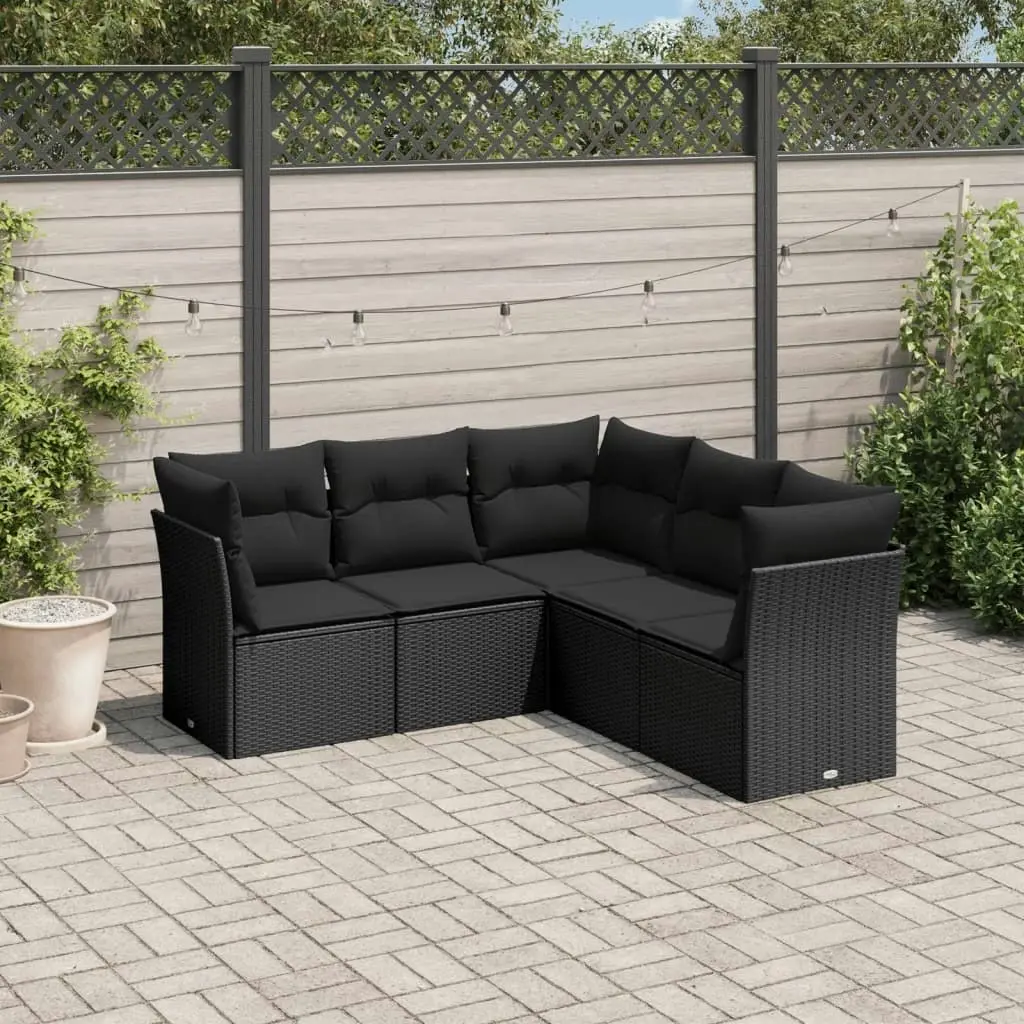 5 Piece Garden Sofa Set with Cushions Black Poly Rattan 3217615