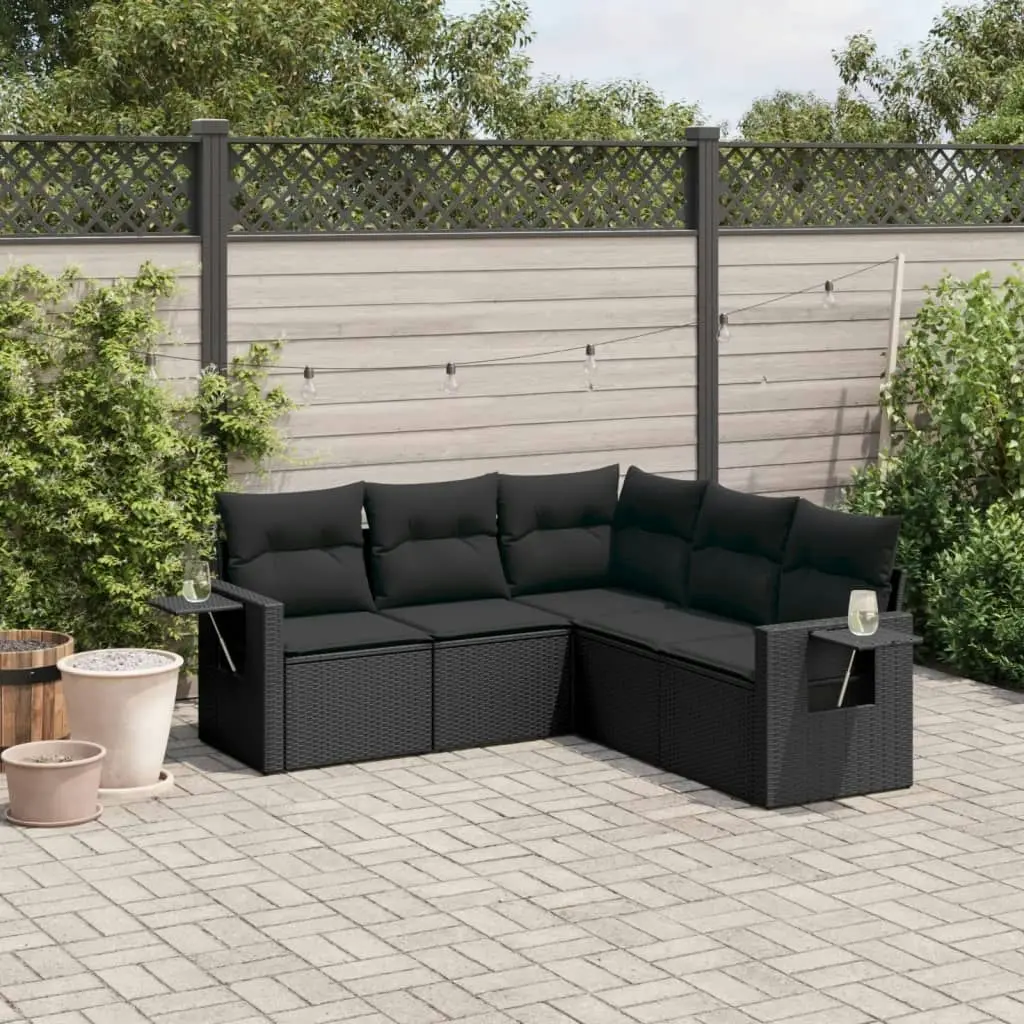 5 Piece Garden Sofa Set with Cushions Black Poly Rattan 3252482