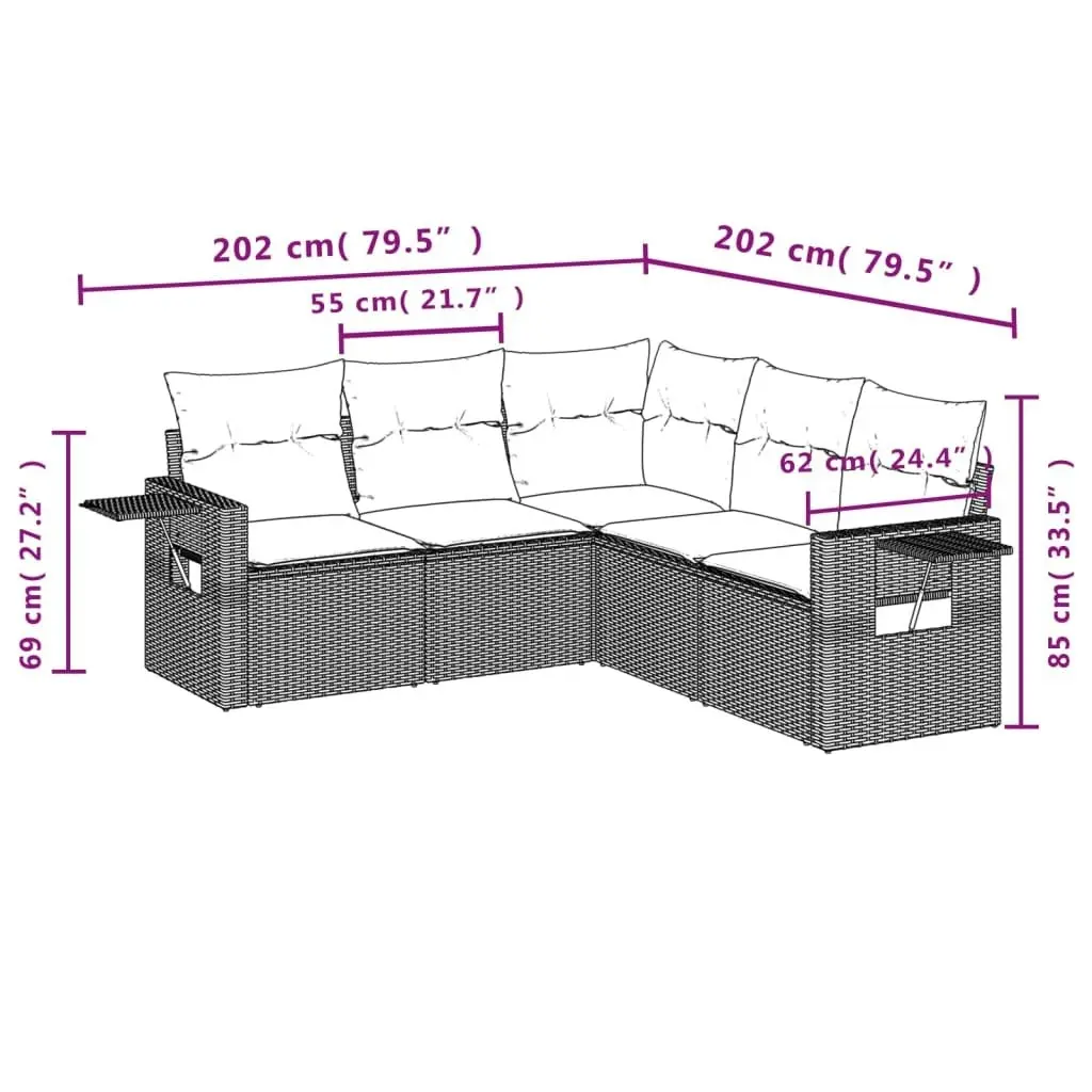 5 Piece Garden Sofa Set with Cushions Black Poly Rattan 3252482