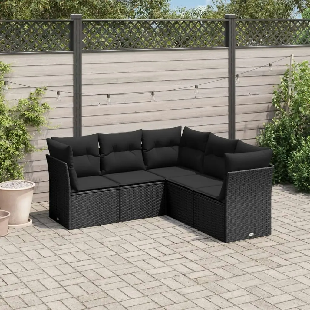 5 Piece Garden Sofa Set with Cushions Black Poly Rattan 3249454