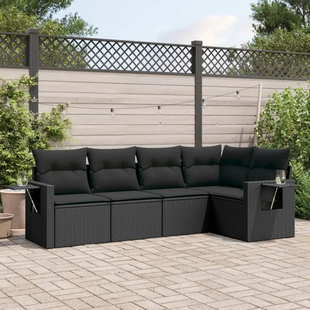 5 Piece Garden Sofa Set with Cushions Black Poly Rattan 3252462