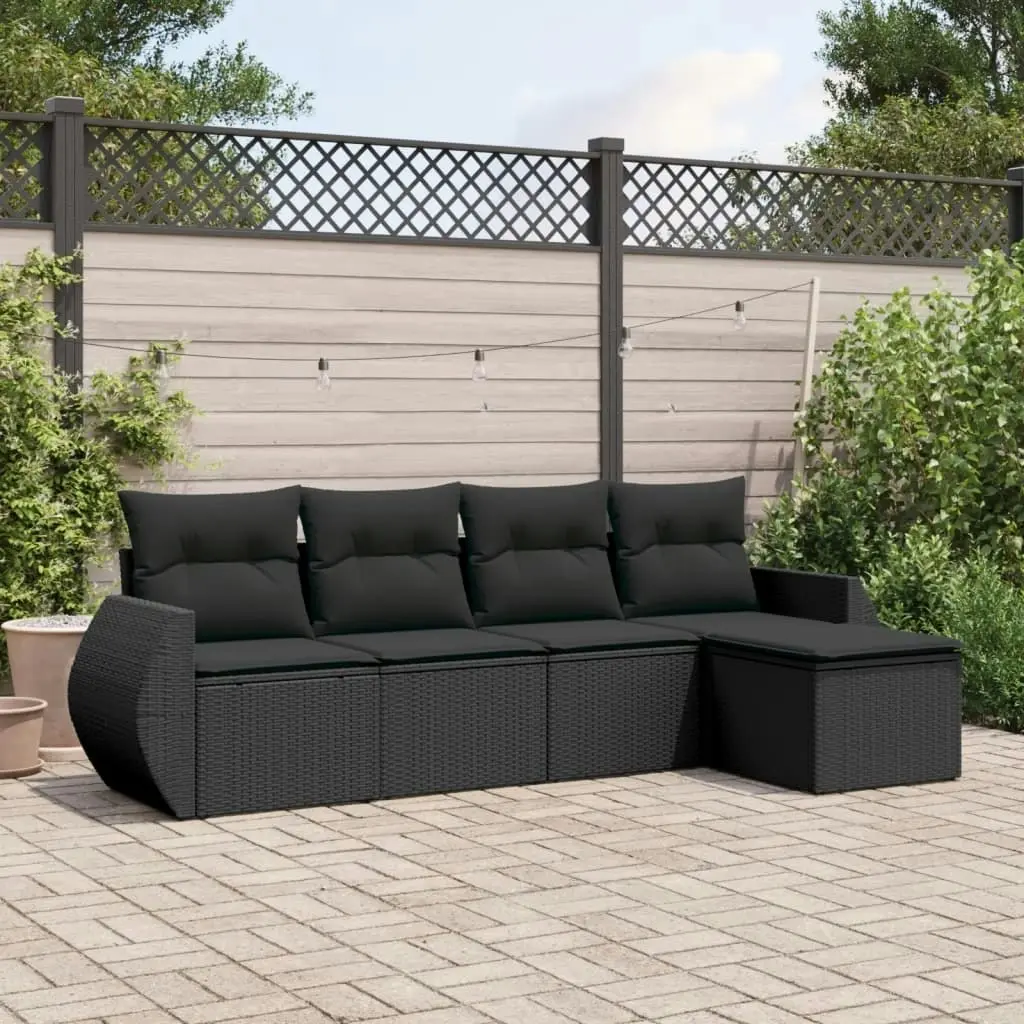 5 Piece Garden Sofa Set with Cushions Black Poly Rattan 3253622