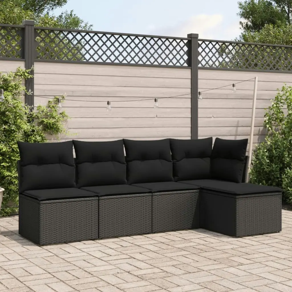 5 Piece Garden Sofa Set with Cushions Black Poly Rattan 3249354