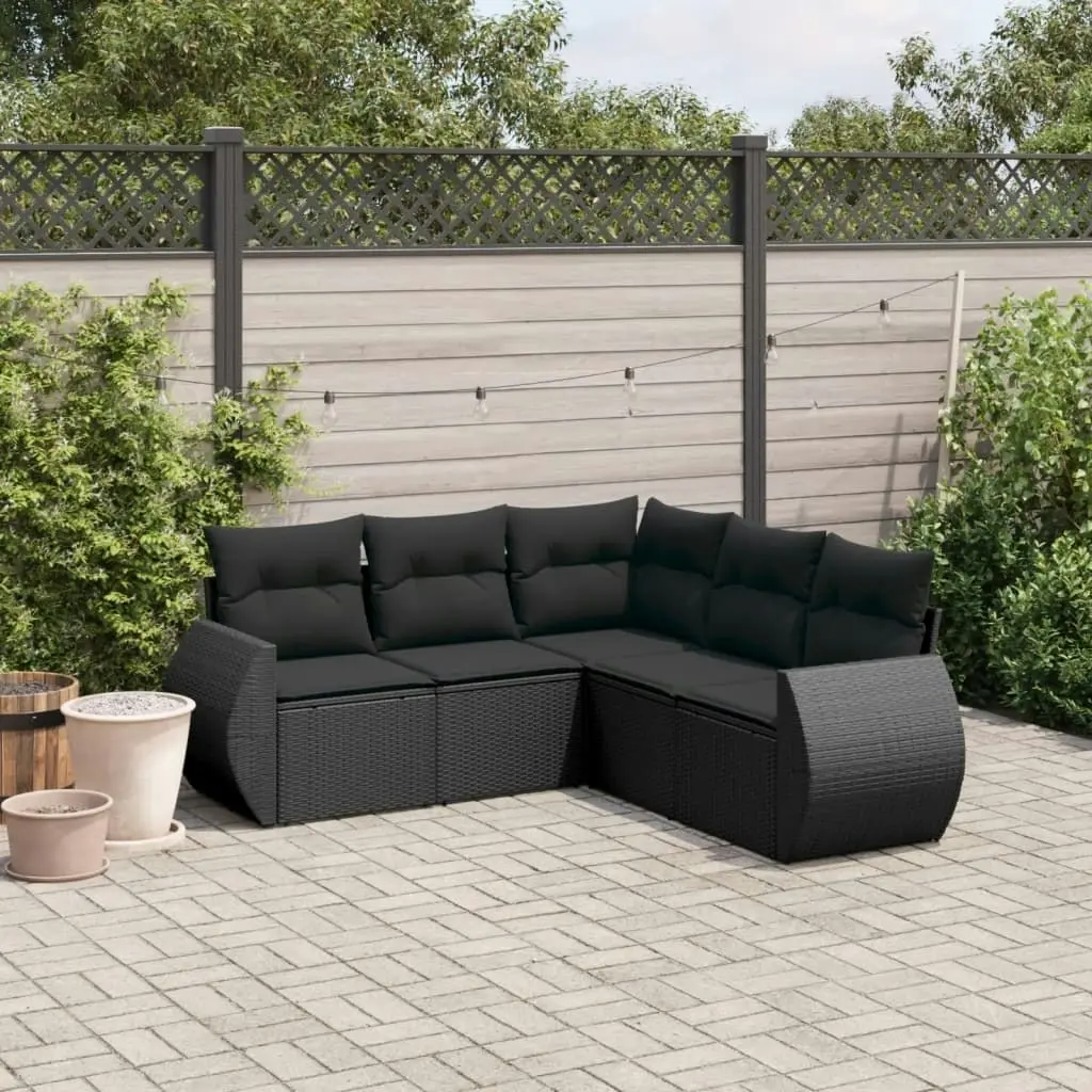 5 Piece Garden Sofa Set with Cushions Black Poly Rattan 3253682