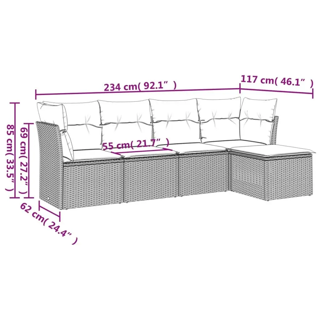 5 Piece Garden Sofa Set with Cushions Black Poly Rattan 3249394