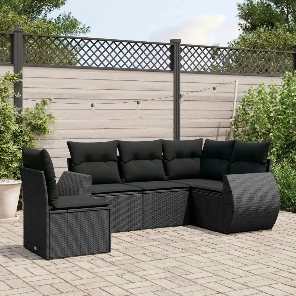 5 Piece Garden Sofa Set with Cushions Black Poly Rattan 3253702