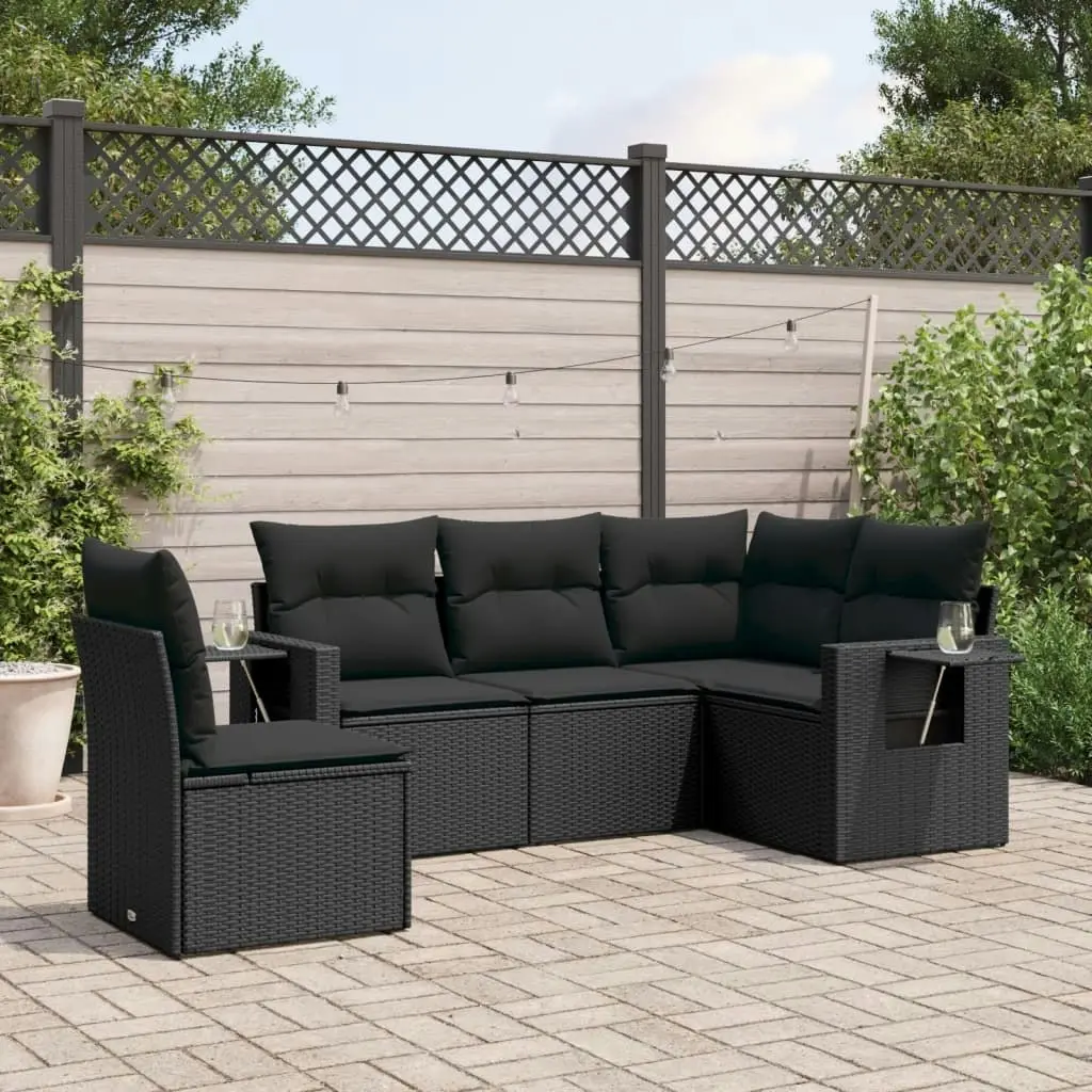 5 Piece Garden Sofa Set with Cushions Black Poly Rattan 3252502