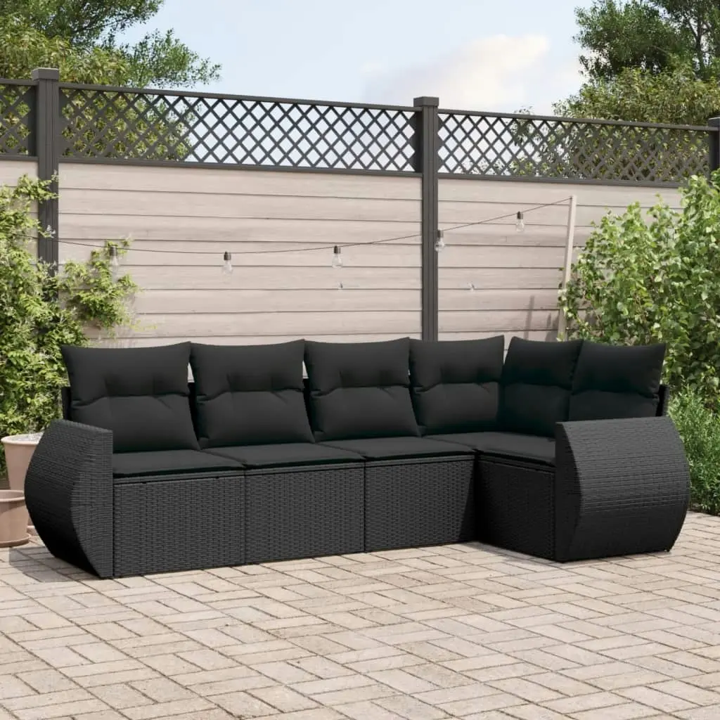 5 Piece Garden Sofa Set with Cushions Black Poly Rattan 3253662