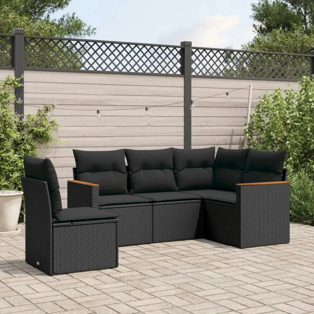 5 Piece Garden Sofa Set with Cushions Black Poly Rattan 3258373