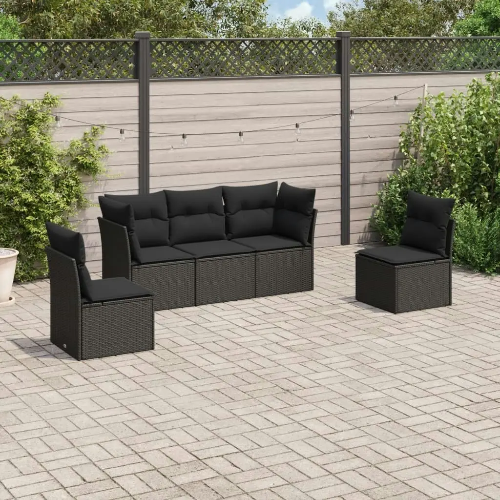 5 Piece Garden Sofa Set with Cushions Black Poly Rattan 3249184