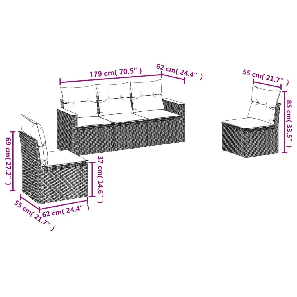 5 Piece Garden Sofa Set with Cushions Black Poly Rattan 3225845