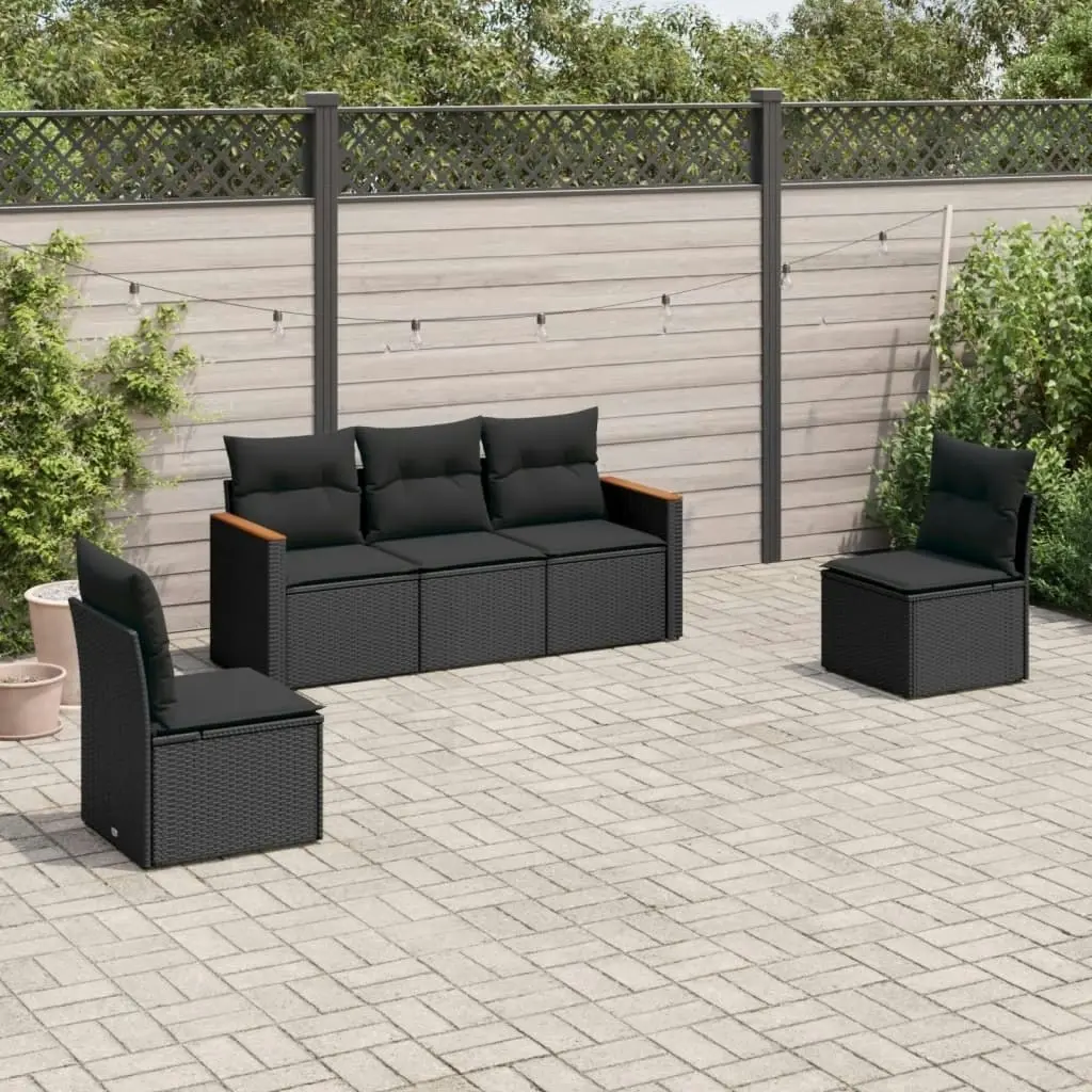 5 Piece Garden Sofa Set with Cushions Black Poly Rattan 3225845