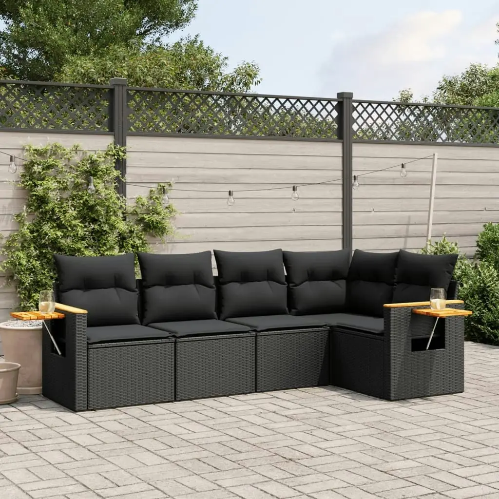 5 Piece Garden Sofa Set with Cushions Black Poly Rattan 3259185