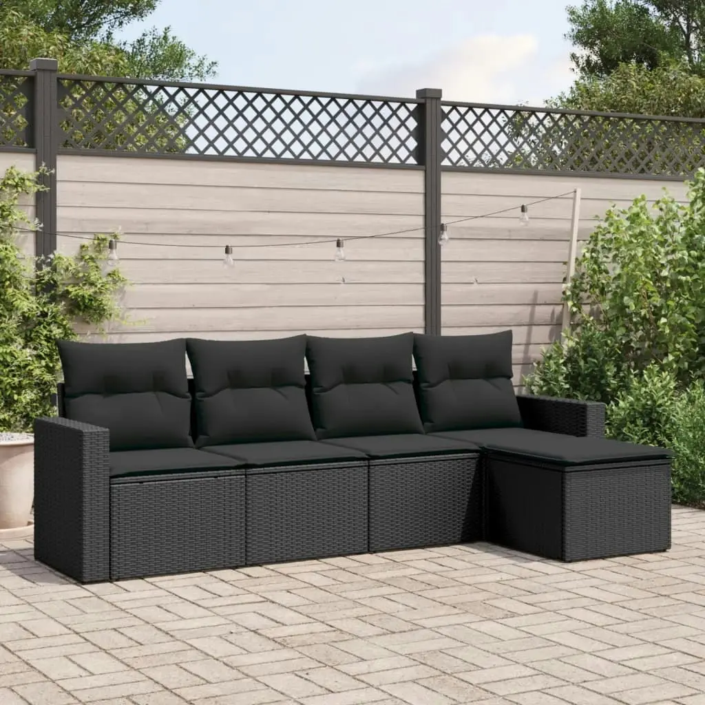 5 Piece Garden Sofa Set with Cushions Black Poly Rattan 3218875