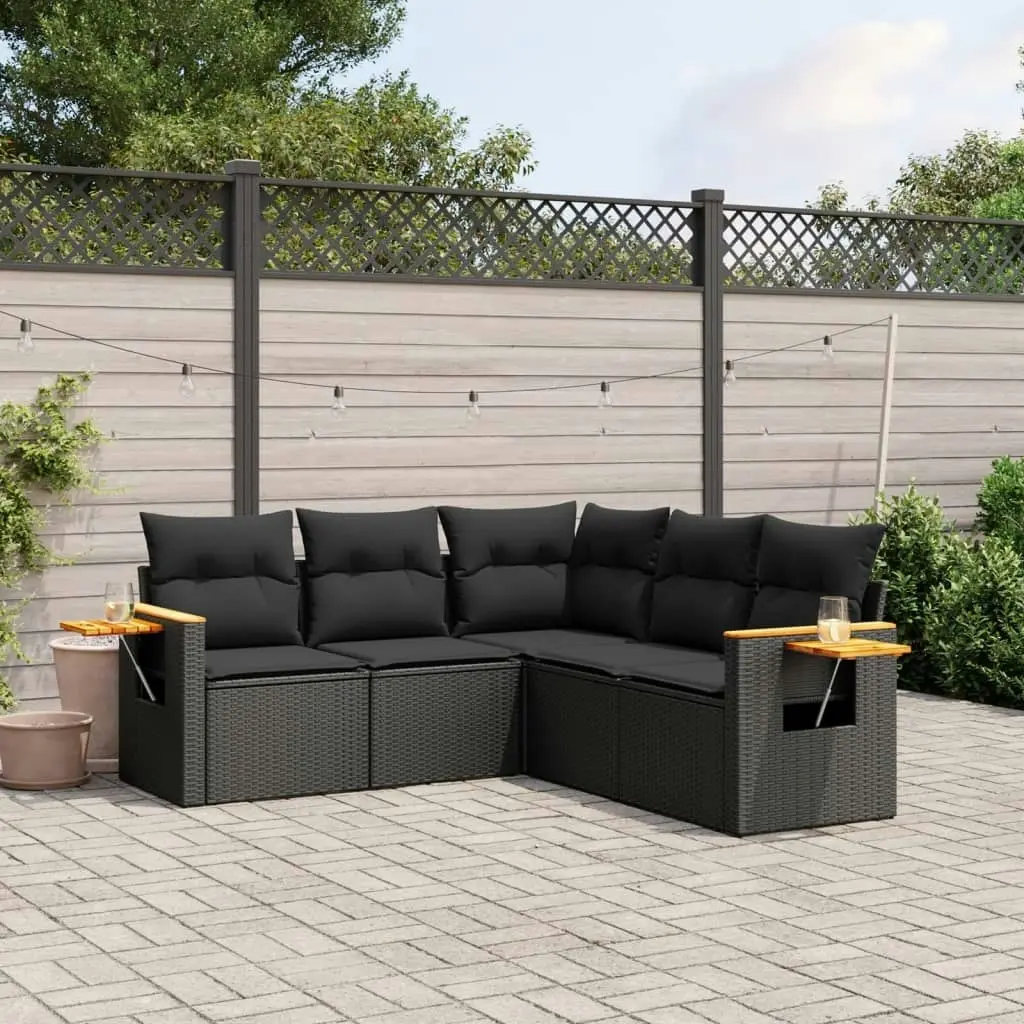 5 Piece Garden Sofa Set with Cushions Black Poly Rattan 3259199