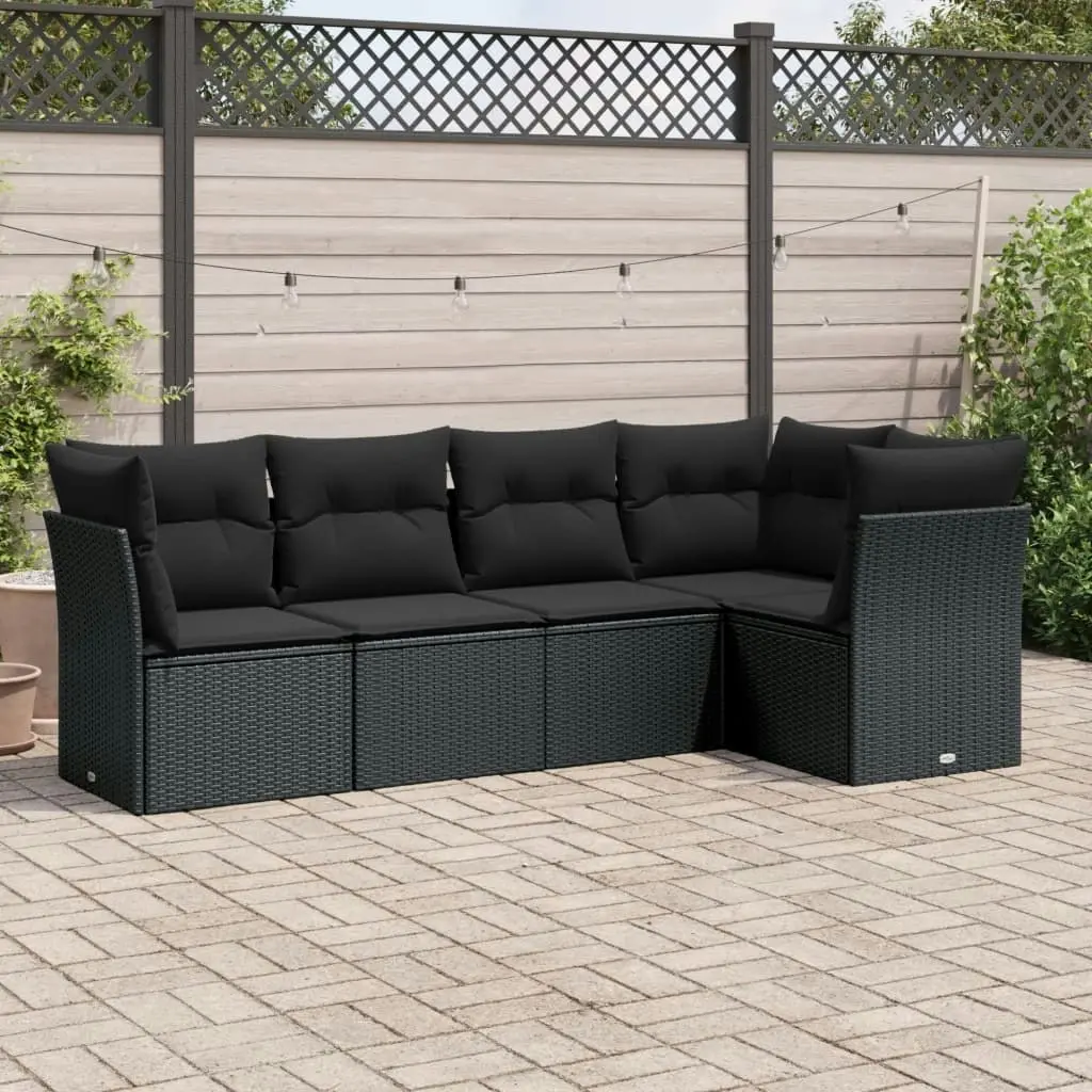 5 Piece Garden Sofa Set with Cushions Black Poly Rattan 3249434