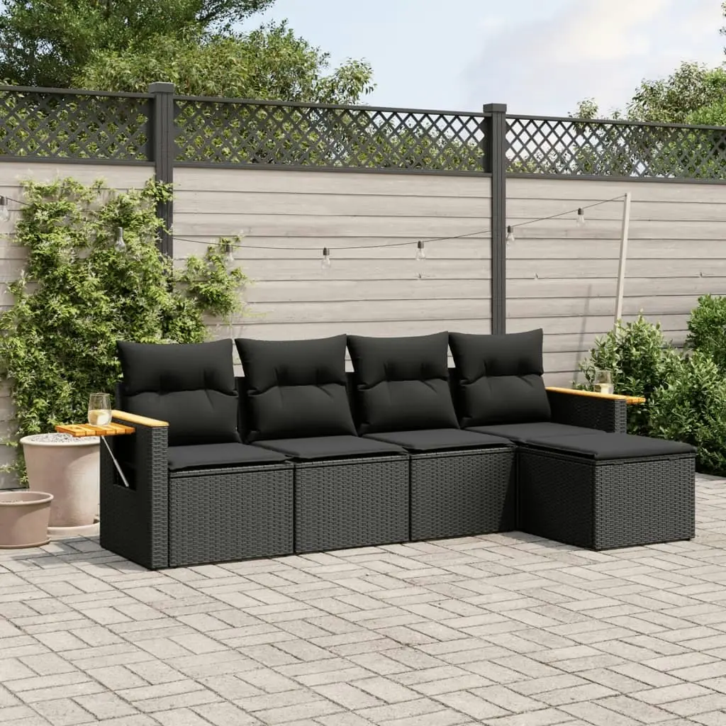 5 Piece Garden Sofa Set with Cushions Black Poly Rattan 3259157