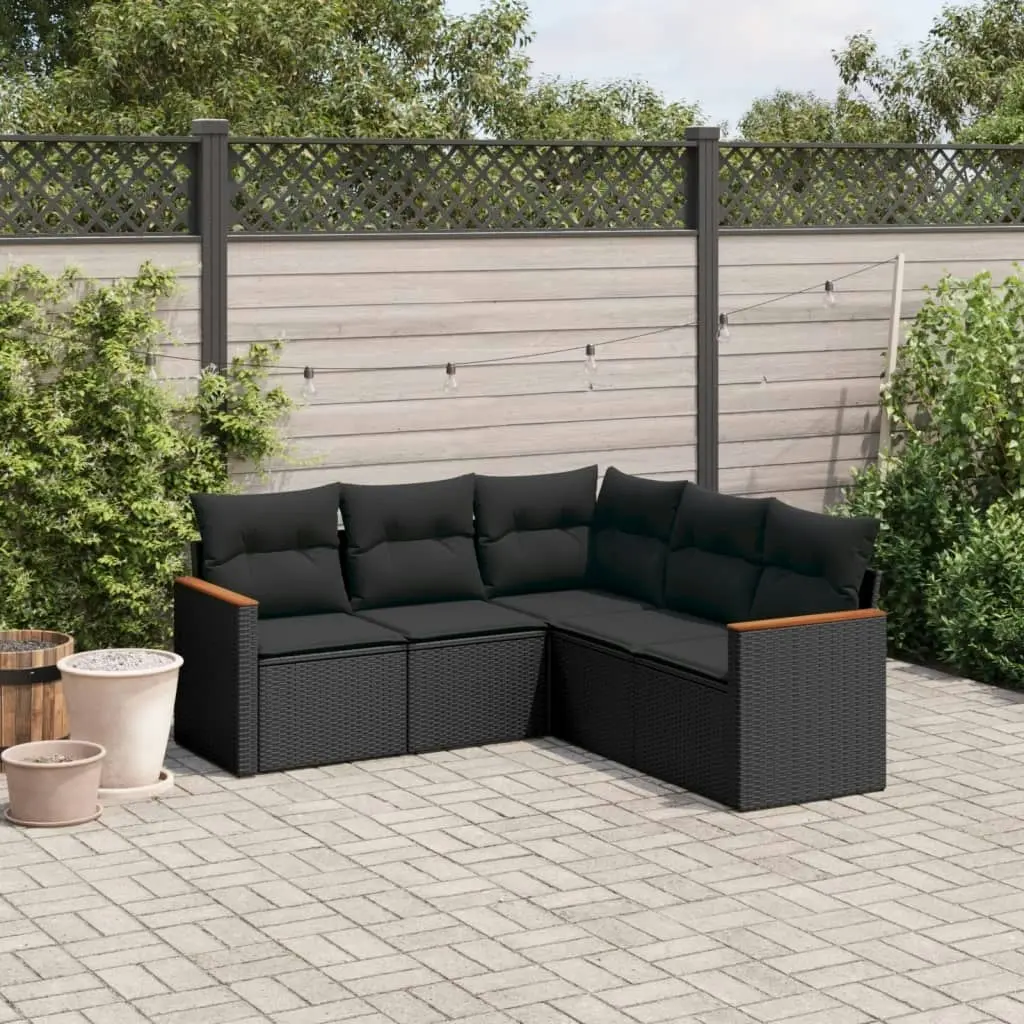 5 Piece Garden Sofa Set with Cushions Black Poly Rattan 3258359