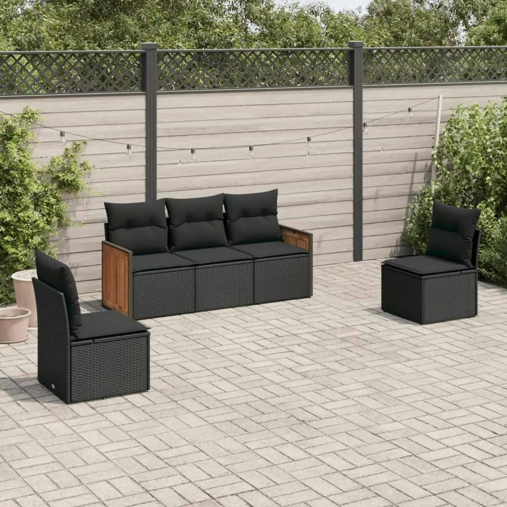 5 Piece Garden Sofa Set with Cushions Black Poly Rattan 3259927