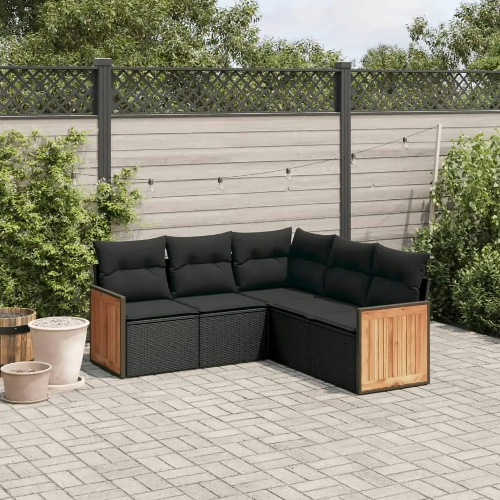 5 Piece Garden Sofa Set with Cushions Black Poly Rattan 3260039