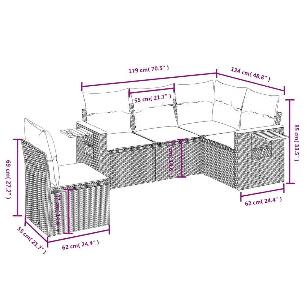 5 Piece Garden Sofa Set with Cushions Black Poly Rattan 3259213