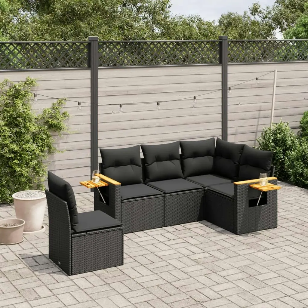 5 Piece Garden Sofa Set with Cushions Black Poly Rattan 3259213