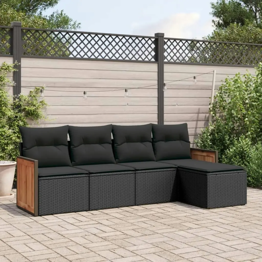 5 Piece Garden Sofa Set with Cushions Black Poly Rattan 3259997