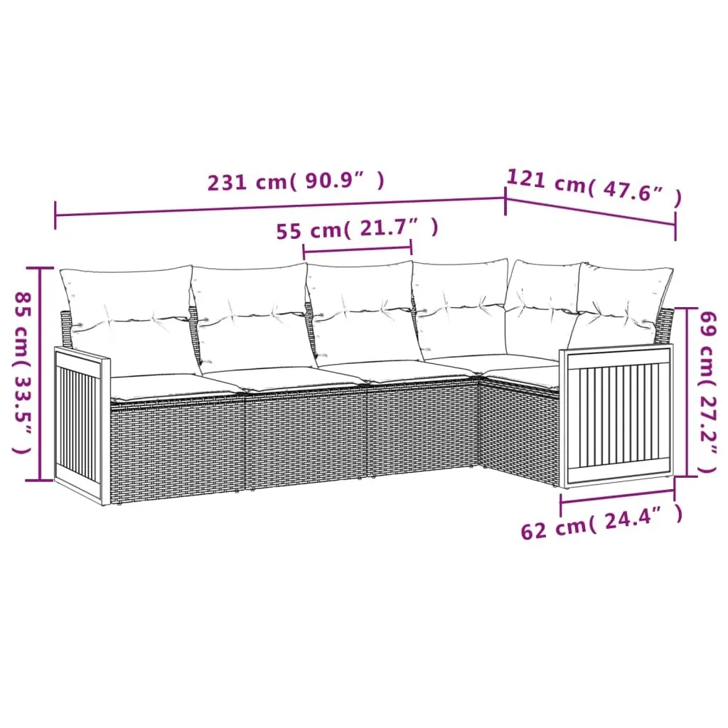 5 Piece Garden Sofa Set with Cushions Black Poly Rattan 3260025