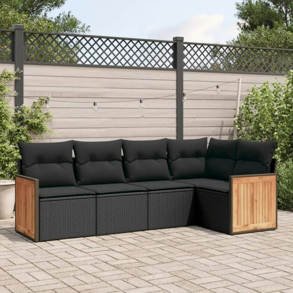 5 Piece Garden Sofa Set with Cushions Black Poly Rattan 3260025