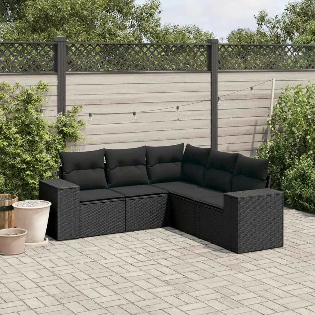 5 Piece Garden Sofa Set with Cushions Black Poly Rattan 3222544