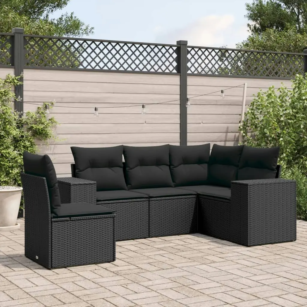 5 Piece Garden Sofa Set with Cushions Black Poly Rattan 3222564